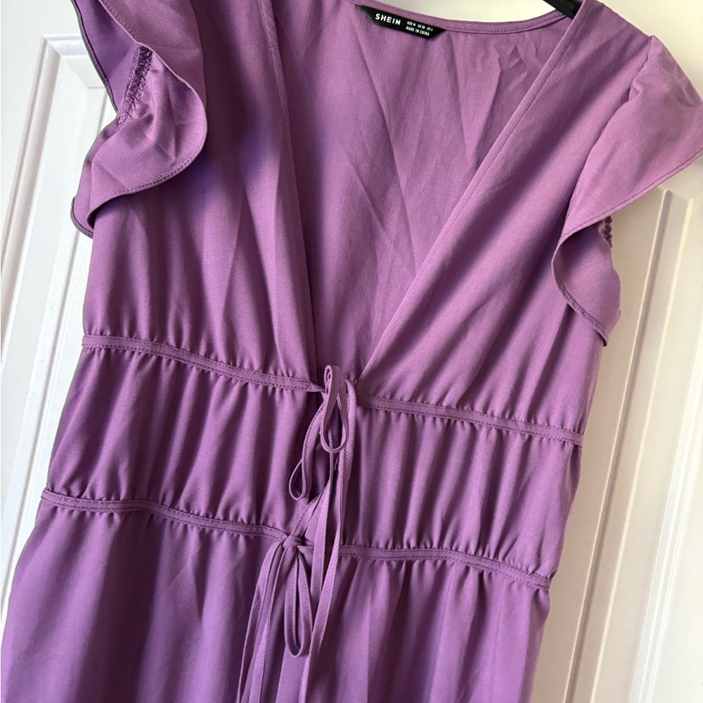 SHEIN Purple Tie-Front Ruffle Sleeve Jumpsuit